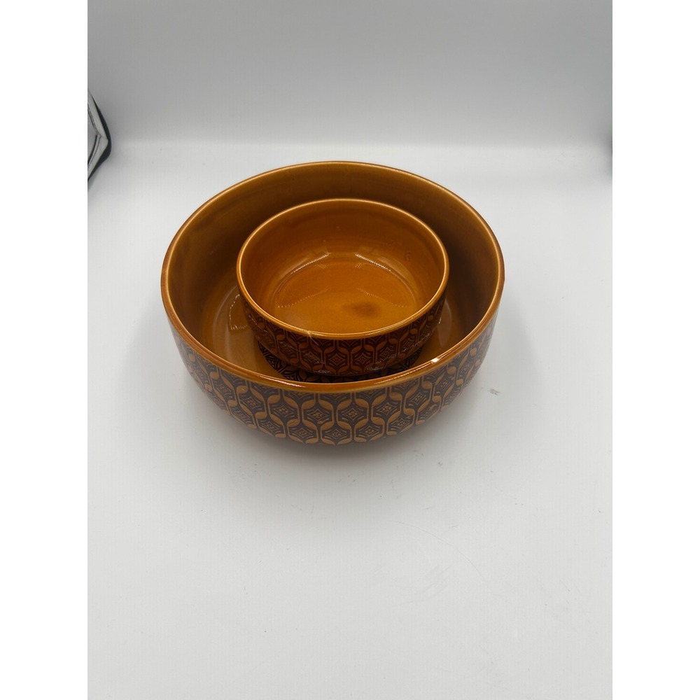 Vintage MCM Amber Ceramic Nesting Bowl Set Geometric Medallion Mustard Brown
